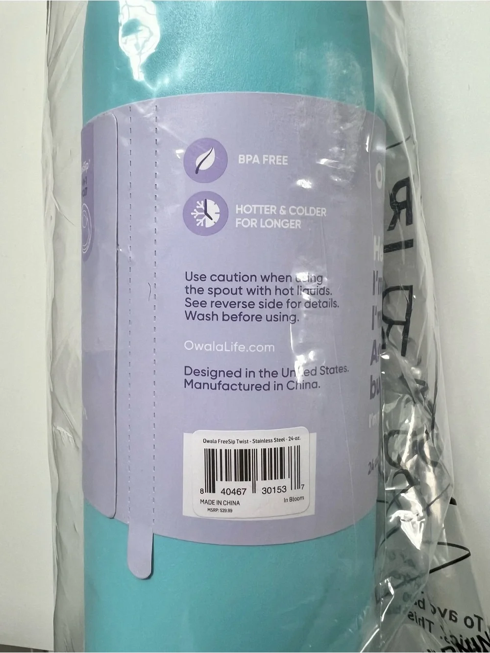 Owala Insulated 24 oz Water Bottle in Light Blue with Pink/Orange Cap